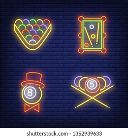 Billiard balls, table and triangle neon signs set. Billiards club and entertainment design. Night bright neon sign, colorful billboard, light banner. Vector illustration in neon style.