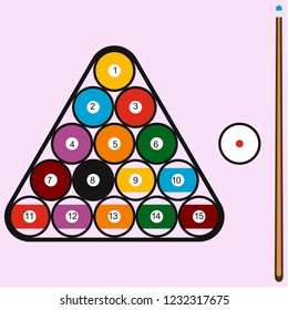  billiard balls in triangle and cue vector silhouette 