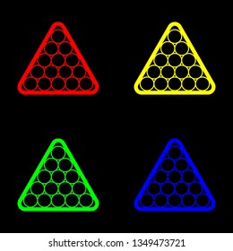 Billiard balls, triangle icon, color set. Black background
