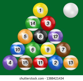 Billiard balls triangle isolated on green background. Three-dimensional and realistic looking vector illustration.