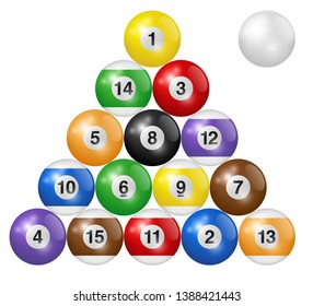 Billiard balls triangle isolated on white background. Three-dimensional and realistic looking vector illustration.