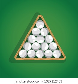Billiard balls in triangle on green pool table top view. White pool balls in triangle for billiard game