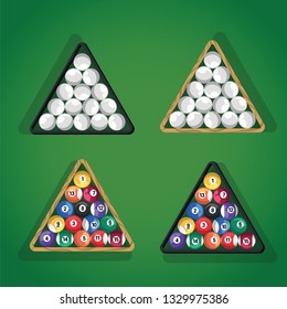 Billiard balls in triangle on green pool table top view. White and colorful pool balls in triangle for billiard game