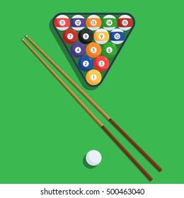 Billiard balls in the triangle rack and cue on green table. Vector illustration of a pool or billiard elements set for web design banner or print card