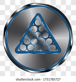 Billiard balls triangle simple icon on metal round button. Transparent grid