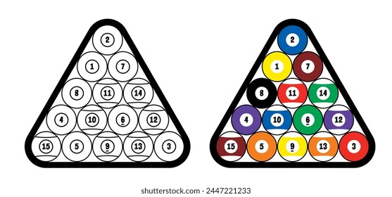 Billiard balls for billiard triangle. Billiard table or snooker table with cues and balls rack. Pyramid of billiard balls for pool table with cue and ball. Sport game tools. Balls racks. Game rules.