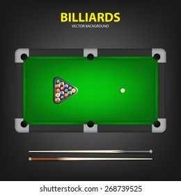 Billiard balls in triangle and two cues on a pool table. Vector EPS10 background. 