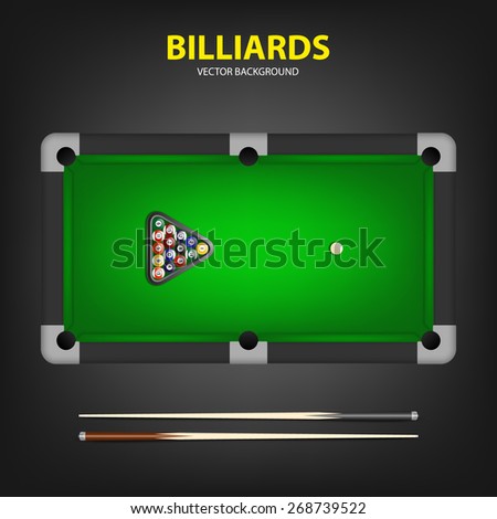 Billiard balls in triangle and two cues on a pool table. Vector EPS10 background. 