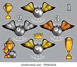 Billiard balls with wings cups and crown. Vector set of sport logo for any team and championship