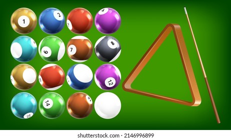 Billiard Balls, Wooden Triangle And Cue Set Vector. Billiard Game Playing Accessories For Hitting Sphere On Snooker Pool Table. Gambling Equipment For Leisure Time Template Realistic 3d Illustrations