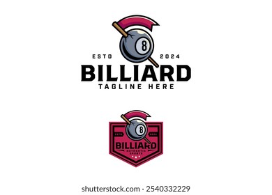 billiard black ball 8 with stick and flag logo design. 8 billiard ball with cue pool, guidon badge logo design set. billiard ball illustration cartoon for billiard sport club and tournament