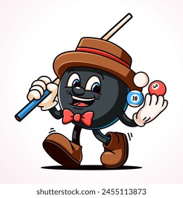 Billiard black ball carrying stick and ball, cartoon mascot