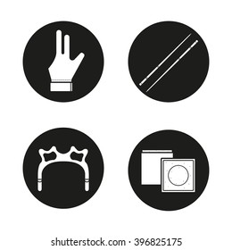 Billiard black icons set. Pool cues, glove, rest head and chalk. Cuesports equipment. Vector white illustrations in circles