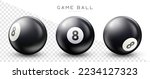 Billiard, black pool ball with number 8 Snooker or lottery ball on transparent background Vector illustration