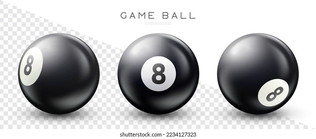 Billiard, black pool ball with number 8 Snooker or lottery ball on transparent background Vector illustration