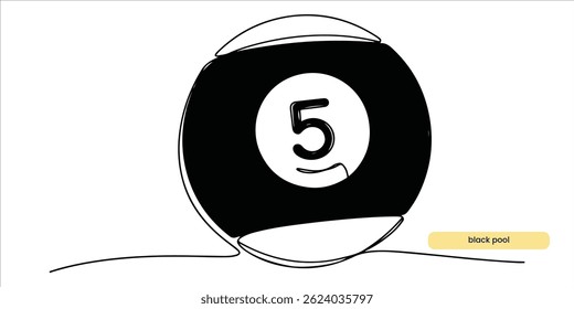 Billiard black pool ball number 5 continuous single line art drawing sketch on white background