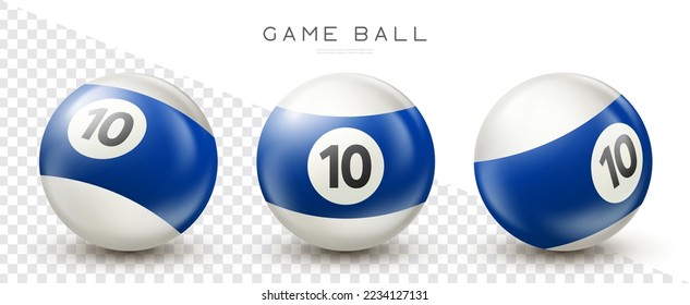 Billiard, blue pool ball with number 10 Snooker or lottery ball on transparent background Vector illustration