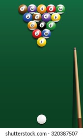 Billiard break shot, start off - commonly used starting position. Three-dimensional isolated vector illustration on green gradient background.