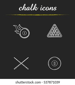 Billiard chalk icons set. Pool equipment. Cuesports accessories. Eight ball, cues, ball rack and burning ball. Isolated vector chalkboard illustrations
