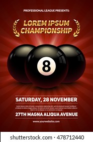 Billiard challenge poster. 3d realistic balls on red background. Eps10 vector illustration.