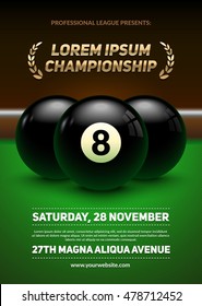 Billiard challenge poster. Realistic black balls on billiard table. Eps10 vector illustration.