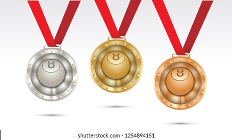 billiard Champion Gold, Silver and Bronze Medal set with Red Ribbon  Vector Illustration