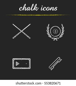 Billiard championship chalk icons set. Cuesports equipment. Billiard brush, table with balls rack, crossed cues and eight ball in laurel wreath. Isolated vector chalkboard illustrations