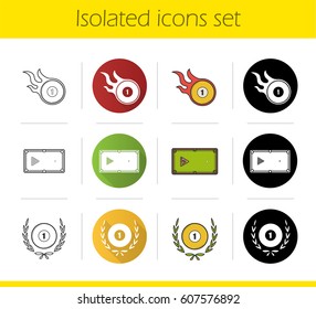 Billiard championship icons set. Flat design, linear, black and color styles. Burning ball, table, ball in laurel wreath. Isolated vector illustrations