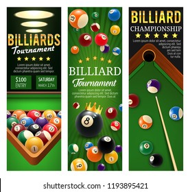 Billiard championship or snooker pool tournament announcement banners. Vector design of billiard balls on green table with cues and triangle rack or golden stars for sport game team or league contest