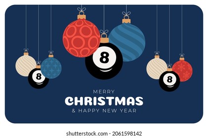 billiard christmas greeting card. Merry Christmas and Happy New Year flat cartoon Sports banner. billiard ball as a xmas ball on background. Vector illustration.