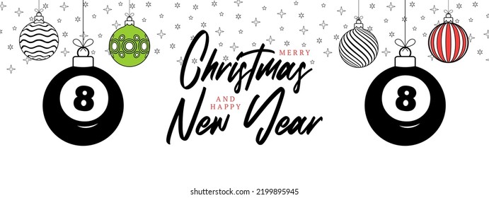 billiard christmas greeting card in trendy line style. Merry Christmas and Happy New Year outline cartoon Sports banner. billiard ball as a xmas ball on white background. Vector illustration..