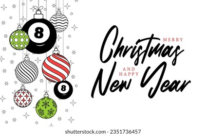 billiard christmas greeting card in trendy line style. Merry Christmas and Happy New Year outline cartoon Sports banner. billiard ball as a xmas ball on white background. Vector illustration..