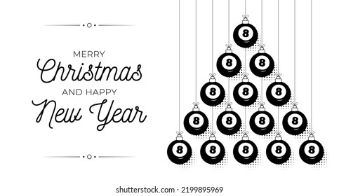 billiard Christmas and new year bauble tree greeting card. Creative Xmas tree made by billiard ball. Christmas and new year outline flat Vector Sport greeting card banner. Trendy vector style.