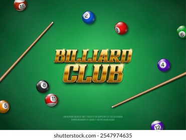 Billiard club banner with cue and colorful balls. Poster for sports championship. Vector illustration.