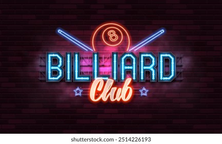 Billiard club banner with neon signs on brick wall background. Vector illustration.