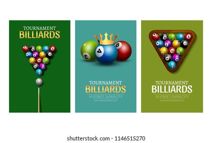 Billiard Club Game Banner Template. Billiard Pool Green Table Design. Sport Flyer Ball Tournament Poolroom.