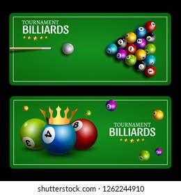 Billiard Club Game Banner Template. Billiard Pool Green Table Design. Sport Flyer Ball Tournament Poolroom