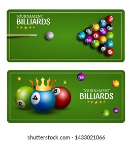 Billiard Club Game Banner Template. Billiard Pool Green Table Design. Sport Flyer Ball Tournament Poolroom.