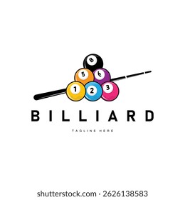 Billiard club logo design vector game badge sport template pool table with ball and stick simple illustration template