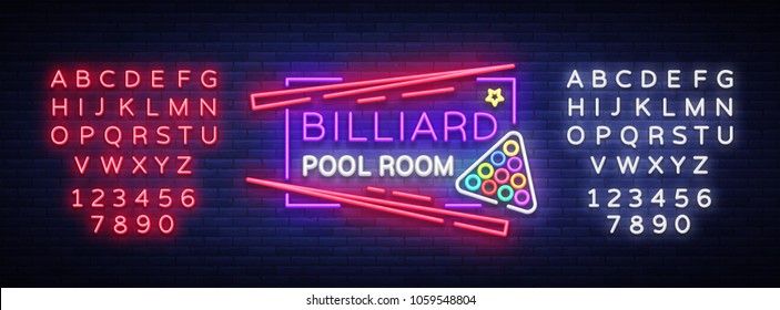 Billiard club neon sign. Billiard pool room Design template Bright neon emblem, logo for Billiard Club, Bar, Tournament. Light banner, night sign. Vector Illustrations. Editing text neon sign