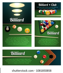 Billiard Club And Poolroom Banner Template. Billiard Pool Ball Pyramid In Starting Position With Cue And Rack On Green Snooker Table 3d Poster For Billiards Sport Game Tournament Flyer Design