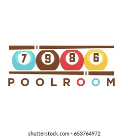 Billiard club poolroom vector label template of pool cues and balls