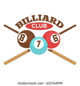 Billiard club vector label template of crossed pool cues and balls