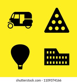 billiard, coliseum, hot air balloon and tuk tuk vector icon set. Sample icons set for web and graphic design