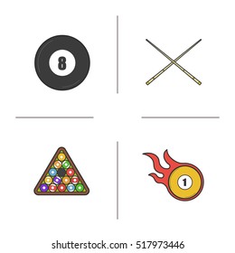 Billiard color icons set. Pool equipment. Cuesports accessories. Eight ball, cues, ball rack and burning ball. Isolated vector illustrations