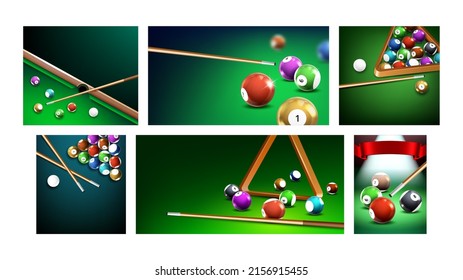 Billiard Creative Promotion Posters Set Vector. Billiard Competition And Championship Event In Sport Club, Balls And Cue For Playing On Advertising Banners. Style Concept Template Illustrations