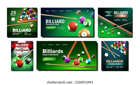 Billiard Creative Promotion Posters Set Vector. Billiard Competition And Championship Event In Sport Club, Balls And Cue For Playing On Advertising Banners. Style Concept Template Illustrations