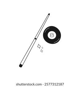 Billiard cue and 8 ball vector illustration. Minimalist black and white design. Pool hall branding, sports blogs, posters, and merchandise. Leisure and entertainment concept.