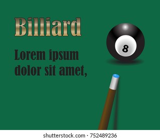 billiard cue aiming on black billiard ball number eight on green background with golden and black sign vector illustration
