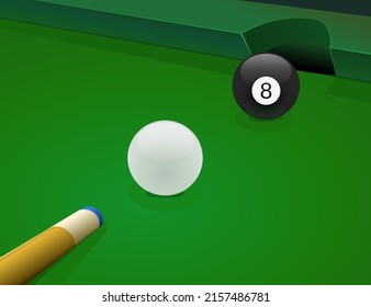 Billiard cue aiming for the white ball to sink the black 8 ball to win a game of American billiards